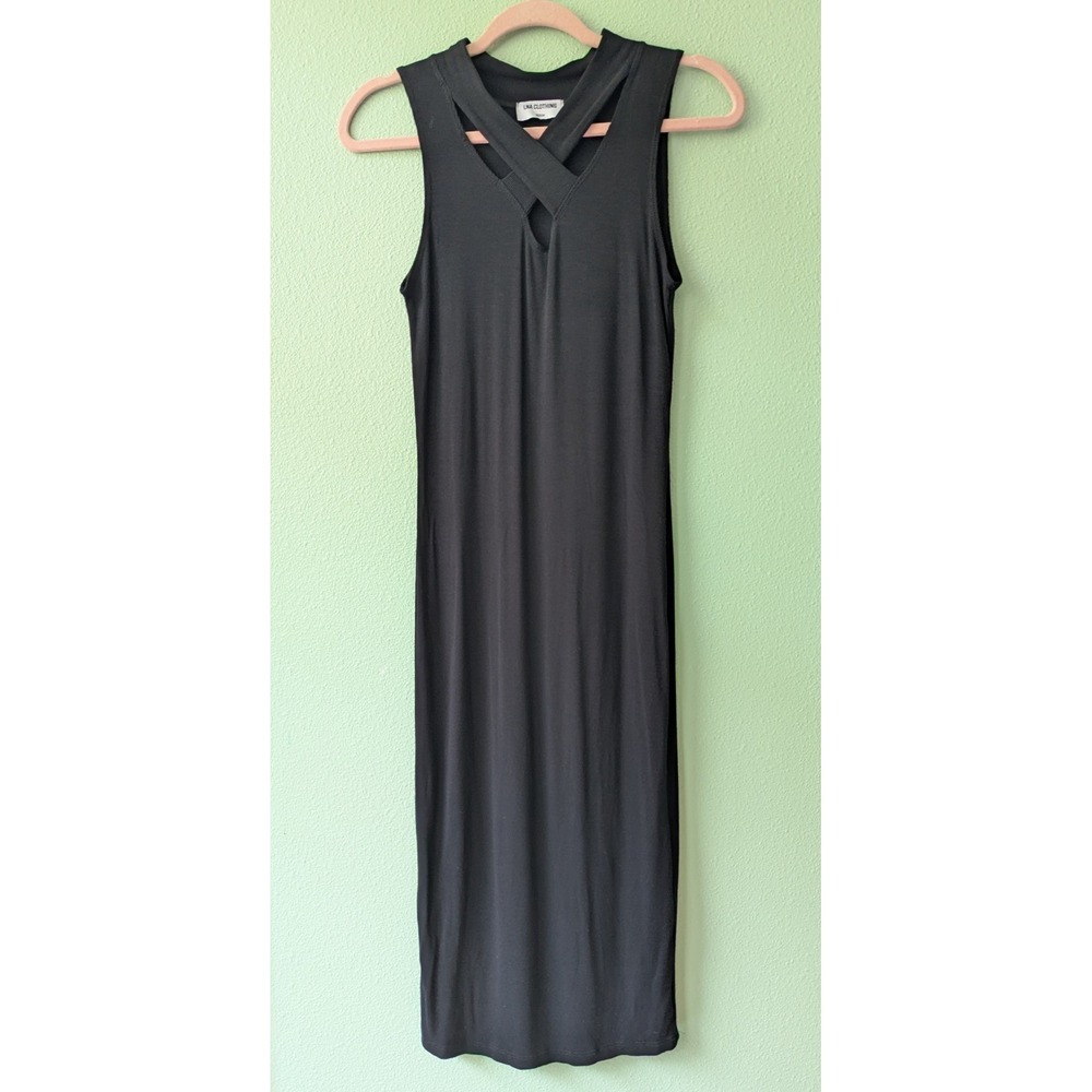 LNA Clothing Ribbed Midi Dress Black‎ Criss Cross Neck Keyhole Sleeveless Medium